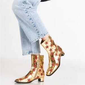 NWOB Jeffrey Campbell On-Mars Star Print Ankle Boots in Gold Red Glitter Sz 5.5
